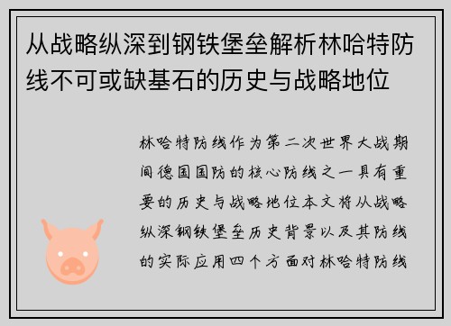 从战略纵深到钢铁堡垒解析林哈特防线不可或缺基石的历史与战略地位