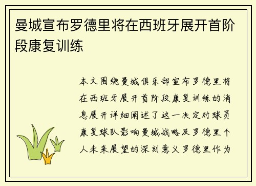 曼城宣布罗德里将在西班牙展开首阶段康复训练
