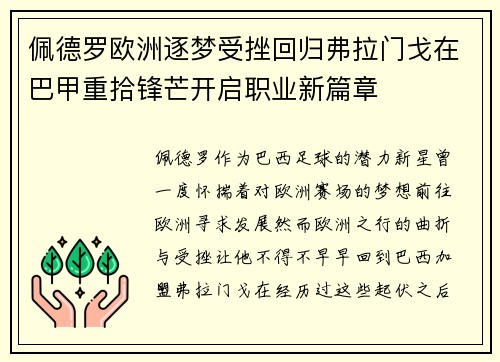 佩德罗欧洲逐梦受挫回归弗拉门戈在巴甲重拾锋芒开启职业新篇章