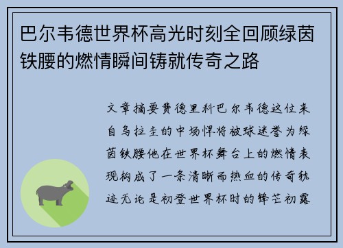 巴尔韦德世界杯高光时刻全回顾绿茵铁腰的燃情瞬间铸就传奇之路